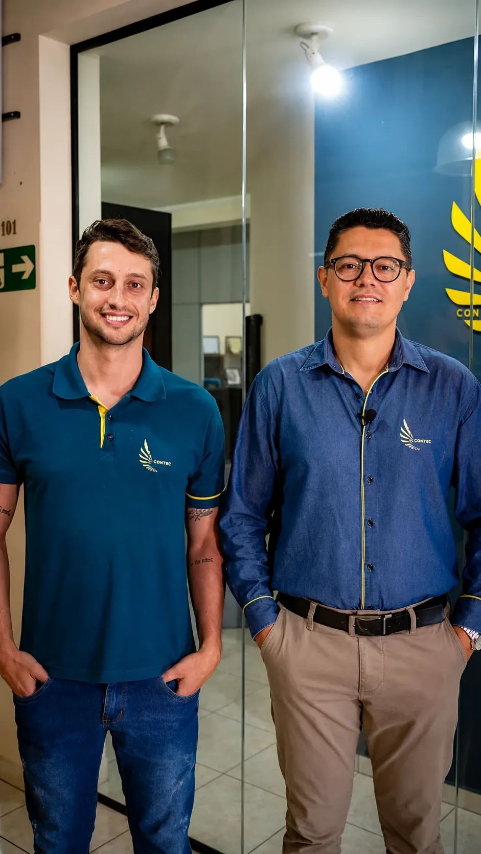 Francklin com integrante da equipe na entrada do escritório da E-volução